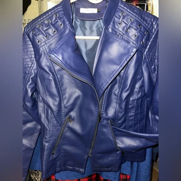 NIB Dark Blue Laced-Shoulder Moto Jacket, Size L - Picture 3 of 5